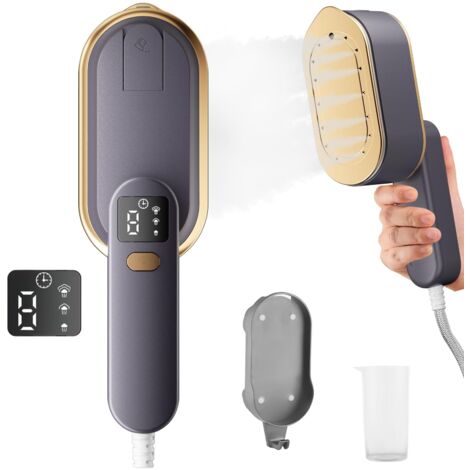 Fer à vapeur de voyage avec écran LCD, 10S, chauffage rapide, 1200W, avec poignée rotative à 180°, défroisseur portable, 3 niveaux de vapeur pour les voyages, la maison, le bureau (Gris) (1/5)
