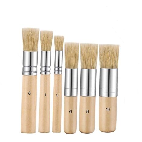 Pinceaux à Pochoir en Bois,6 pcs Pinceaux à Poils Naturels Pinceaux à Cire Ronds pour Huile Acrylique Aquarelle Peinture Craie