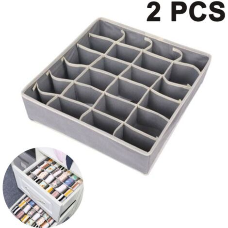 Lot de 2 boîtes de rangement pour sous-vêtements et autres petits accessoires, séparateurs de tiroirs pliables à 24 cellules pour le rangement de chaussettes, écharpes, soutiens-gorge, gris