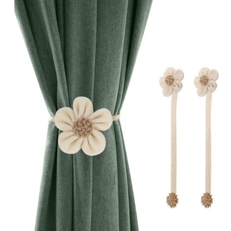 Embrasses à Rideaux Magnétique avec Boucles, [Lot de 2] Embrasse Rideau Large Aimantée de Tressage en Lin Décoratif de Tournesol avec Cordon Accessoires Décoration pour Maison - Blanc+Beige