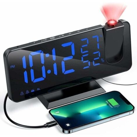 Réveil Projecteur avec Radio - Horloge Numérique - Port USB - 3 Niveaux de Luminosité et 15 Niveaux de Volume Réglables - Snooze, 12/24H - pour Chambre, Maison, Bureau