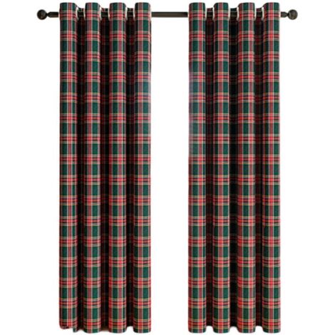 Rideaux à Carreaux Écossais (Tartan) et Rayures - Filtration Lumière - Style Ferme à Oeillets - pour Cuisine ou Salon - Décoration Noël