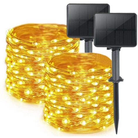 Lot de 2 Guirlande Solaire Exterieur, Totale 16m 160LED Lumineuse Étanche, 8 Modes Décoration pour Jardin Terrasse Cour Noël Mariage Fête, Blanc Chaud