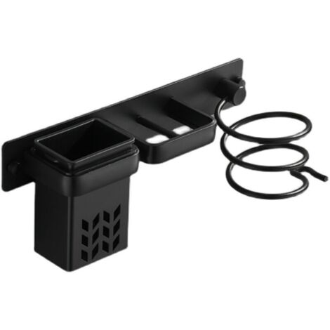 Support mural de salle de bain pour sèche-cheveux et accessoires, organisateur en aluminium avec étagère et trous. Argenté et noir.