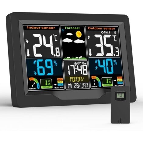 Station Meteo, Station Meteo Interieur Exterieur sans Fil avec Capteur Extérieur, Écran LCD Couleur Numérique, Thermomètre Hygromètre Baromètre des Phases de Lune, PréVision de la TempéRature Météo
