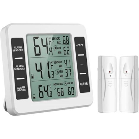 Thermomètre de frigo congélateur, thermomètre de réfrigérateur sans fil avec 2 capteurs, alarme sonore, min/max pour maison, cuisine, restaurant.