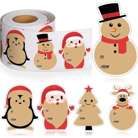 Lot de 500 étiquettes autocollantes de Noël en papier kraft, motif bonhomme de neige mignon, avec étiquettes de nom pour emballage cadeau de Noël, rouleau d'étiquettes autocollantes pour les fêtes