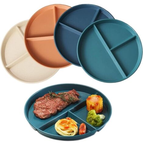 Lot de 4 assiettes plates incassables 22 cm – 3 compartiments – PP alimentaire sans BPA – Pour repas en famille et enfants – Lave-vaisselle et micro-ondes