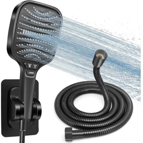 Kit Douche Haute Pression, Pommeau de Douche Anti-Calcaire 120mm 8 Modes + Tuyau 1.5m Inox + Support Sans Perçage, Douchette Économie d'Eau, Compatible Salle de Bain(Noir)