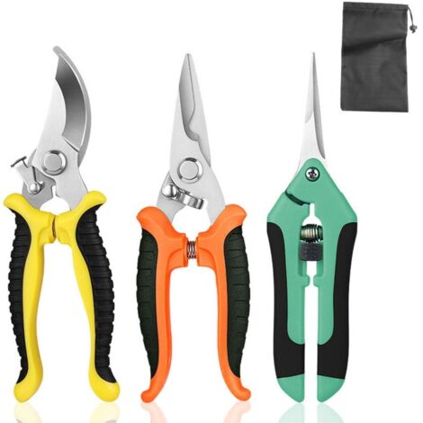Ensemble de 3 Sécateurs de Jardin en Acier Inoxydable - avec Sac de Rangement - Outils de Jardinage Portables