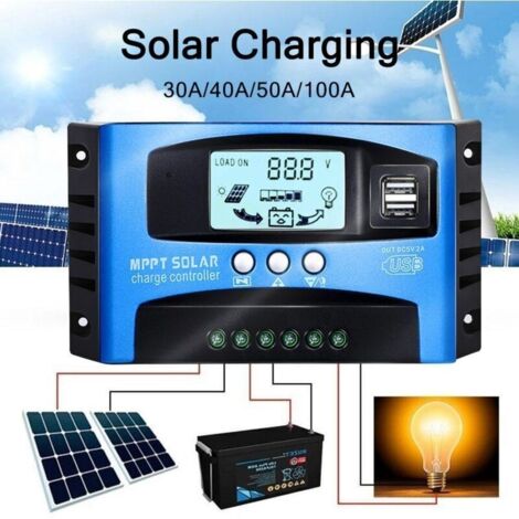 Contrôleur de Charge Solaire 100A 12V/24V avec Double Port USB, Écran LCD Numérique