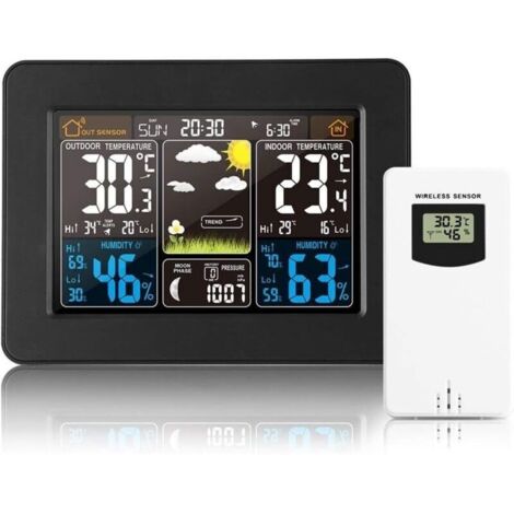 Station météo numérique sans Fil avec capteur extérieur – avec Heure, Date, température, humidité, baromètre, Alarme, Affichage des Phases de Lune, thermomètre Multifonction (Noir)