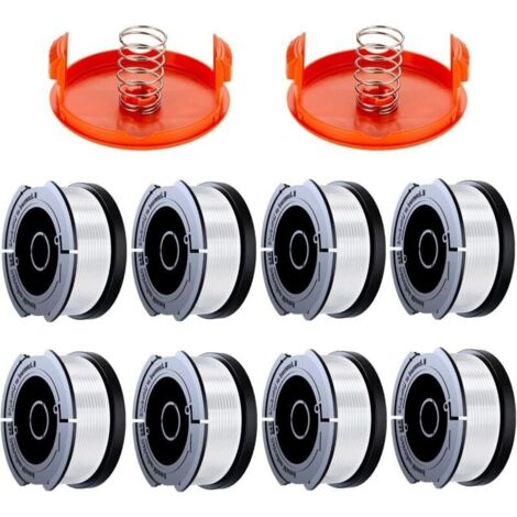 Lot de 8 bobines de fil 1.65mm compatible coupe-bordures Black & Decker A6481 A6485. Inclut 8 fils, 2 couvercles, 2 ressorts.
