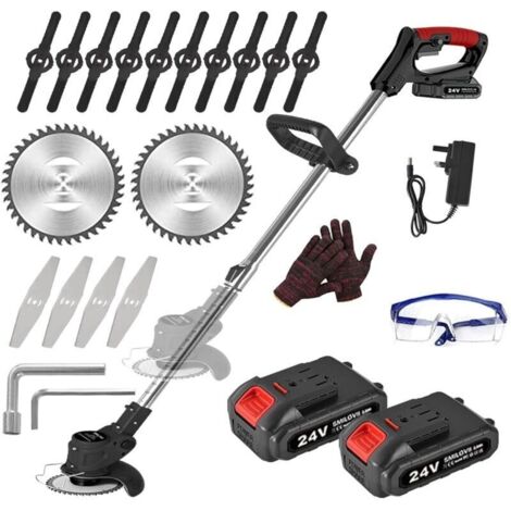 Débroussailleuse Électrique sans Fil 24V, Coupe Bordure sans Fil avec 2 Batteries 2000mAh, 6 Lames Métal & 10 Lames Plastique pour Jardin, Pelouse et Désherbage