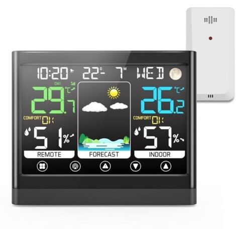 Station Meteo Interieur Exterieur Sans Fil avec Capteur Thermomètre Hygromètre LCD Écran Couleur avec Alerte Température Météo Prévisions DCF Radio Phase de la Lune Snooze Réveil