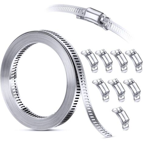 Collier de serrage en acier inoxydable 304 – Longueur 12 pieds – 8 attaches robustes – Pour applications automobiles et conduits d'aération