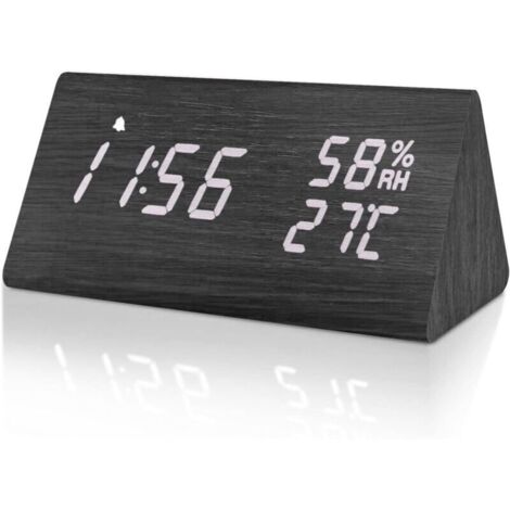 Réveil Numérique en Bois - Horloge Digitale LED Silencieuse - Luminosité Réglable, Fonction Snooze, Affichage de la Température et de l'Humidité - Alimenté par USB pour Maison/Bureau