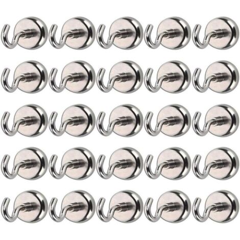 Lot de 25 crochets magnétiques – Aimant néodyme 8 kg – Résistants à la rouille – Finition polie et nickelée – Pour rangement cuisine et bureau