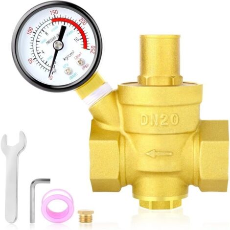 Vanne régulatrice de pression d'eau en laiton 3/4 pouce, vanne réductrice de pression DN20, avec manomètre 0-250PSI. Couleur jaune, pour usage domestique.
