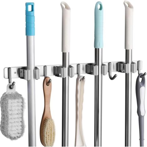 Porte balai mural en acier inoxydable – 4 emplacements pour balais et 5 crochets – Installation par vis ou autocollante – Pour cuisine, salle de bain, garage