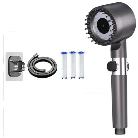 Pommeau de Douche Haute Pression Anti-Calcaire - 4 Types de Jets - Tuyau 1,5m - Support - Bouton Arrêt - Gris