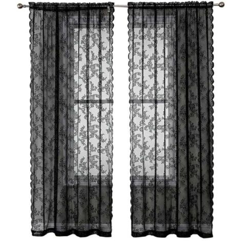 Rideaux en Dentelle Noire 84 Pouces (213cm) - Motif Floral Rustique Vintage - Voile Noir pour Salon - Intimité Style Goth - 2 Panneaux 40x80 Pouces