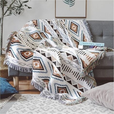 Couverture de canapé tricotée double face 130x180cm – Ultra douce et durable – Motif géométrique ethnique – Pour décoration intérieure et extérieure (1/5)