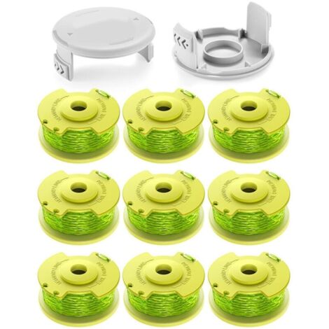11 bobines de fil 2.0mm pour coupe-bordures Ryobi One+ 18V/24V/40V. Longueur 3.4m, compatible AC14RL3A. Inclut 9 bobines, 2 couvercles.