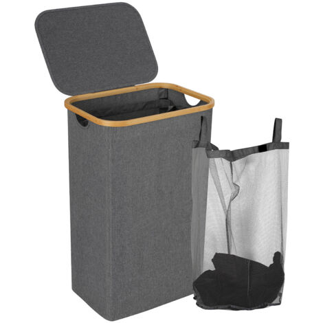 TolleTour Panier à Linge Mince avec Couvercle, 100L, Gain de Place, Doublure en Maille Amovible, Tissu Oxford, Poignées en Bambou, Pliable,Gris (1/4)