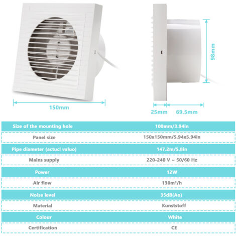 Aérateur extracteur d'air ural silencieux pour salle de bain/cuisine
