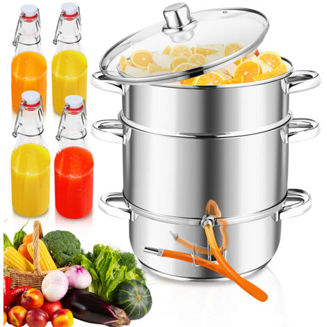 TolleTour Centrifugeuse à vapeur 8 L en acier inoxydable avec 4 bouteilles à bouchon mécanique – Centrifugeuse pour fruits et légumes, Ø 26 cm, lavable au lave-vaisselle, compatible avec tous les type (1/5)