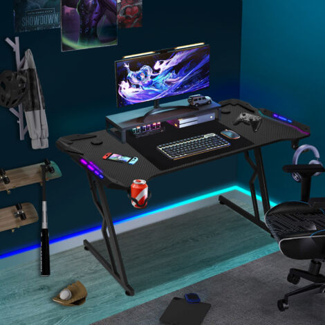 TolleTour Scrivania da gioco a LED 120 x 60 cm, scrivania per videogiocatori con tappetino per mouse, tavolo da gioco per PC in fibra di carbonio con gancio per cuffie, modello base