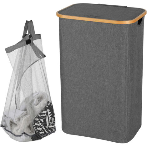 TolleTour Cesto para ropa sucia con tapa, 100L, ocupa poco espacio, forro de malla extraíble, tejido Oxford, asas de bambú, plegable,Gris (1/4)