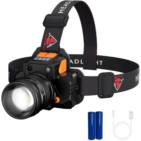 Stirnlampe, LED-Stirnlampe, wasserdicht 2000 Lumen, wiederaufladbare USB-Stirnlampe superhell, 3 Helligkeitsstufen, verstellbar um 90° für Camping, Angeln, Joggen (1/5)