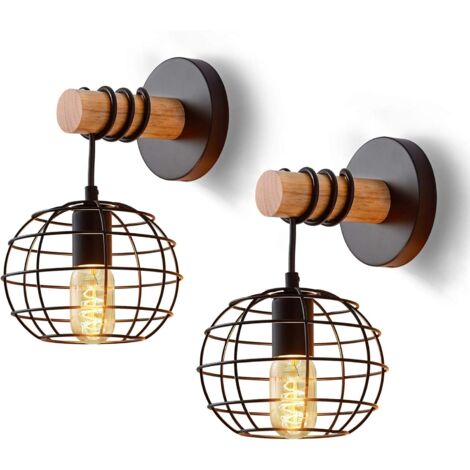 2er Wandleuchte Innen Vintage Wandlampe Schwarz Industrial Runden Retro Lampe aus Eisen und Holz E27 fürTreppenhaus Flur Cafe Bar Restaurant Hotel Schlafzimmer Wohnzimmer (1/5)