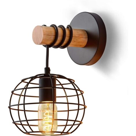 Wandleuchte Innen Vintage Wandlampe SchwarzIndustrial Runden Retro Lampe aus Eisen und Holz E27 fürTreppenhaus Flur Cafe Bar Restaurant Hotel Schlafzimmer Wohnzimmer (1/5)