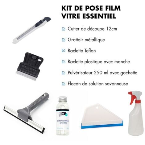 Kit de pose film vitrage – Cutter pour découpes précises – Raclette à manche 15 cm – Pulvérisateur pour solution savonneuse – Adhésif PH neutre – Dimexact