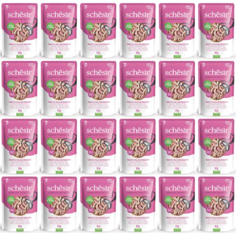 Nassfutter für Katzen SCHESIR Adult Thunfisch mit Huhn und Schinken 24x85g