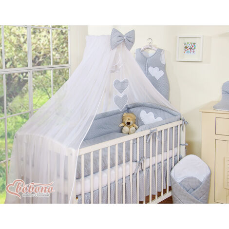 Großes Moskitonetz für ein Babybett aus weißem Chiffon mit Herzen und einer Schleife - Punkte auf grau (1/4)