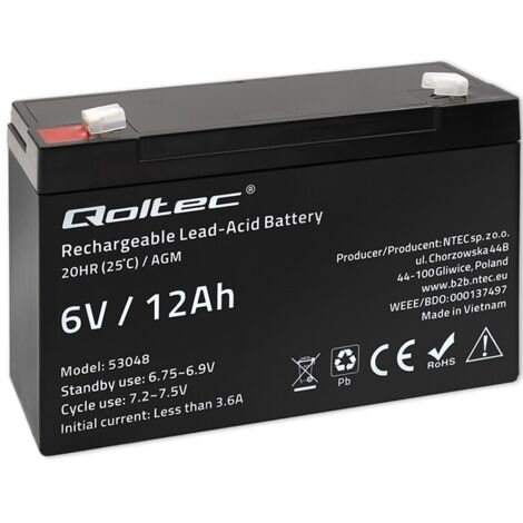 Qoltec AGM Batterie 6V 12Ah Wartungsfrei Effizient LongLife für USV, Waagen, Kassen