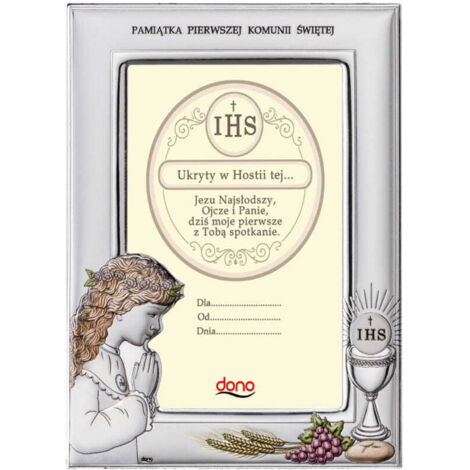 SILBERNER BUNTER BILDERRAHMEN FÜR EIN MÄDCHEN, ERSTKOMMUNION-SOUVENIR, 13 x 17,5 cm (1/4)