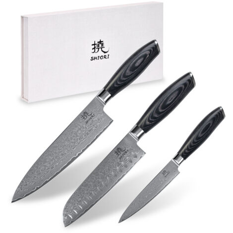Shiori 3-Set 撓 Kuro Murō + Santoku + Sifu – ein Set aus drei Messern aus Damaststahl
