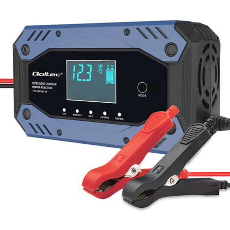 Qoltec Smart-Ladegerät für STD AGM GEL LiFePO4-Batterien  Gleichrichter mit Reparaturfunktion  12-24 V  10 A  LCD  9-stufiges Laden