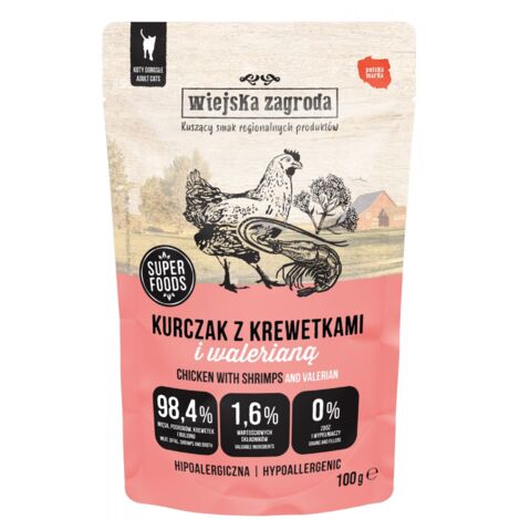 Wiejska Zagroda  Nassfutter für Katzen  100g Beutel - Adult  Huhn mit Garnelen und Baldrian 100g