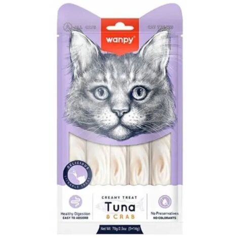 Wanpy Cat  Cremige Leckerlis  Cremiger Snack – Sauce für Katzen 70 g – Thunfisch-Krabbenfleisch 5 x 14 g