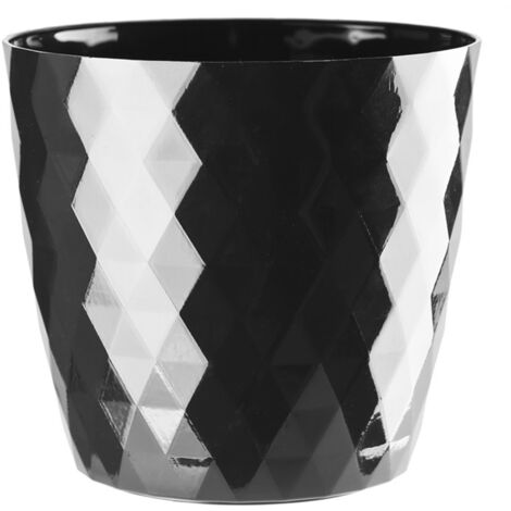 Plastik-Blumentopf CRISTAL 14 cm schwarz glänzend geometrisches Karo-Rauten-Muster glänzend