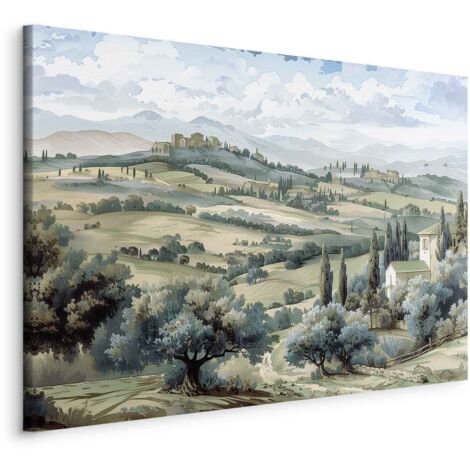 Bild – Landschaft mit grünen Feldern und Bäumen, sonniger toskanischer Blick / Landschaft mit sonnigen grünen Feldern