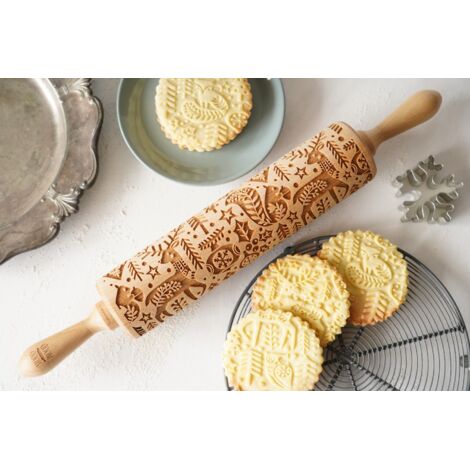 MoodForWood Nudelholz aus Holz, graviert, 43 cm mit Griffen, perfekt zum Backen – skandinavisches Weihnachtsmuster