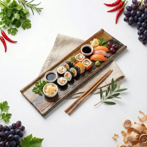 Rechteckiger Keramikteller zum Servieren von Sushi, braun, 39 × 12 cm