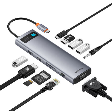 11-in-1-Hub-Adapter USB-C auf USB-C PD, 4x USB, HDMI, VGA, AUX, RJ45, SD, TF, grau (1/5)